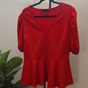 Elegant Red V-Neck Peplum Babydoll Blouse